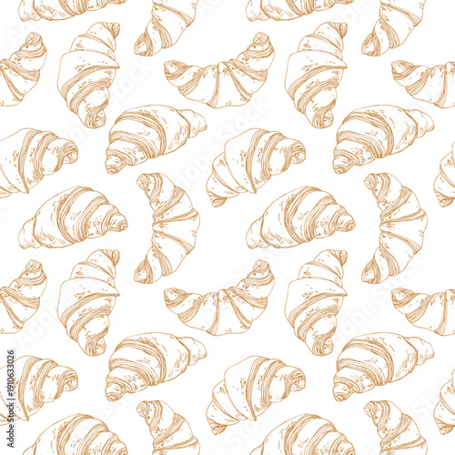Croissant hand-drawn seamless vector pattern. Template for label design, menus, recipes, bakery, and coffee shop.