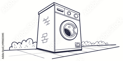 A whimsical illustration of a washing machine with a face and legs, standing on a grassy field