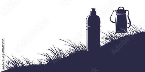 Two water containers standing on a grassy hill under a clear sky