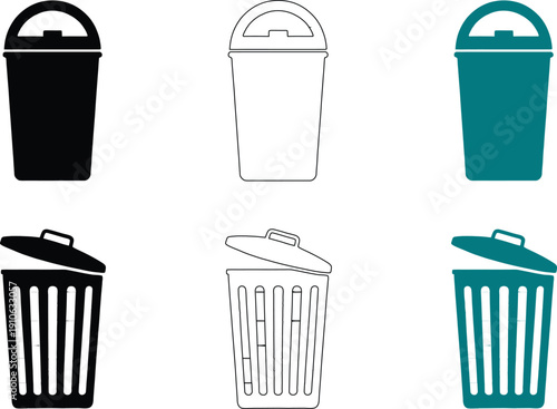 Six trash can in black white and teal with open and closed lids ,  public, sanitation, disposal, waste 
