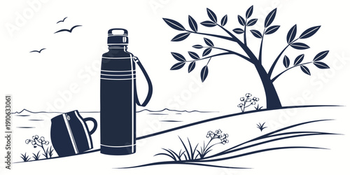 A scenic illustration of a water bottle and backpack beside a tree by a lake