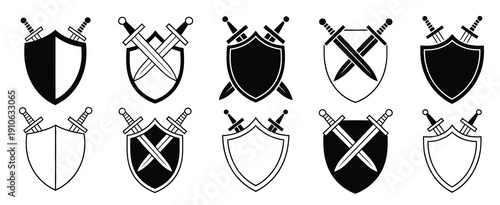 Sword with Shield Vector Icons, black crossed sword and shield illustrations, medieval weapon symbols, battle and protection concepts, fantasy combat elements, knight emblems, and professional vector 