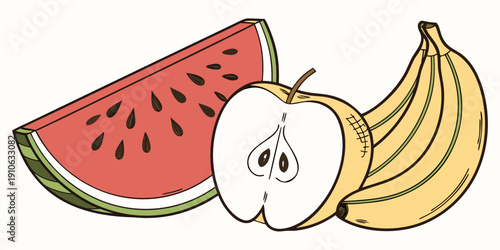 A vibrant assortment of fresh fruits including watermelon, apple, and banana