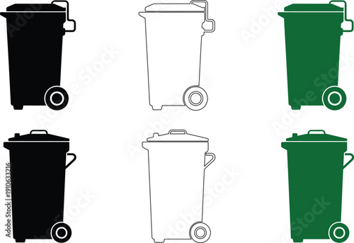 Set of six wheeled trash bins in black white and green silhouettes and outlines