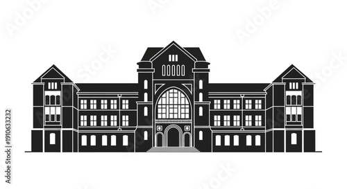 Grand Historic School Building Illustration

This image illustrates a grand historic school building designed with symmetrical architecture and classical elements. The central entrance is emphasized b