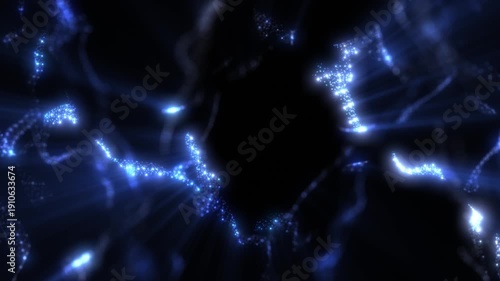 Blue glowing particles form flowing abstract shapes in dark space, creating a futuristic energy field with depth, motion, and a mysterious digital atmosphere. seamless loop