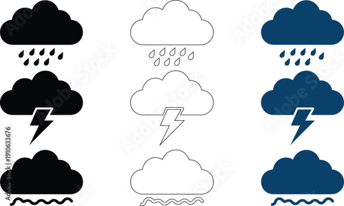 Weather depicting rain thunderstorm and fog in black white and blue variations