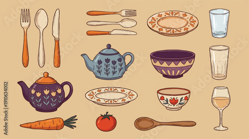 Colorful kitchen tableware and food items illustration