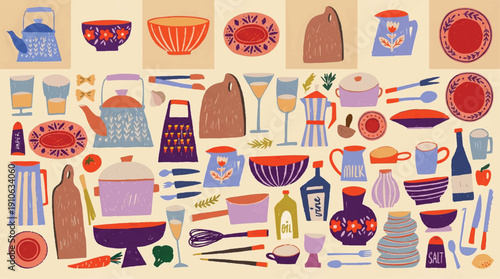 Colorful kitchen utensils and dishes illustration