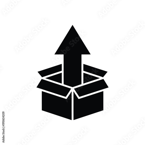 A black and white icon of an open box with an arrow rising out of it