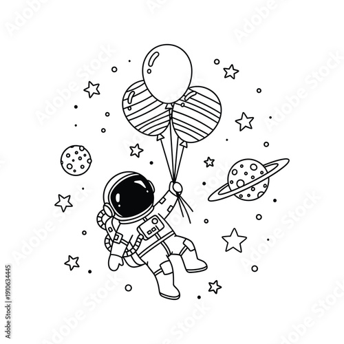 An astronaut floats in space with balloons and planets around him