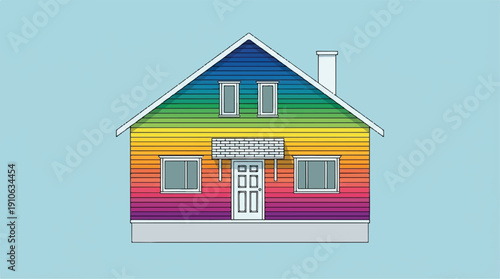 Colorful rainbow house with white trim and chimney on light blue background