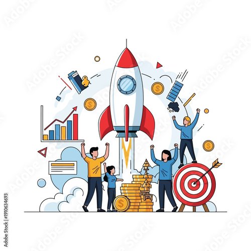 A group of people celebrating around a rocket ship with a target and coins, symbolizing business success and growth.