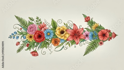 Vibrant Floral Arrangement with Leaves and Swirls.