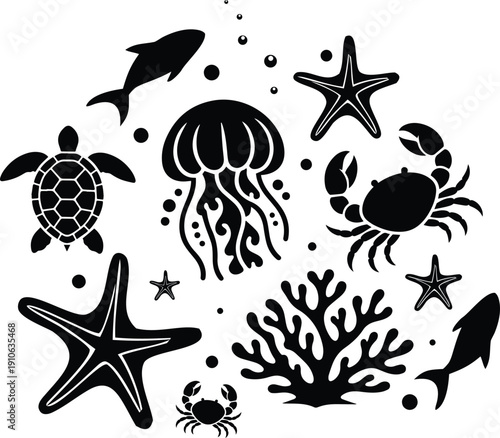 Marine life silhouette icon set with turtle, jellyfish, coral reef and sea animals isolated on white background