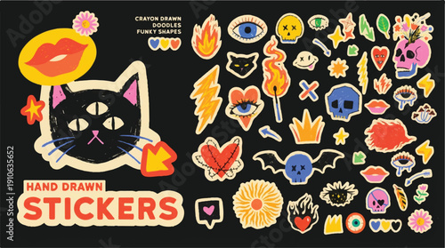 Hand drawn stickers with funky shapes and doodles on black background