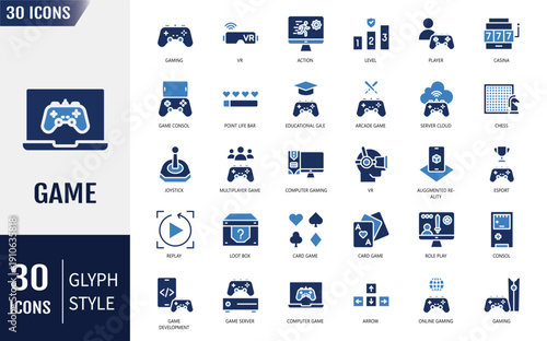 Game solid icon set. Icons relate to Gaming elements, category, console, player, mobile game, and more. Vector illustration