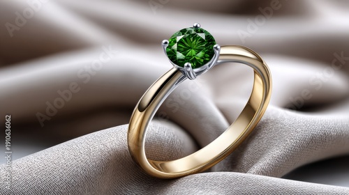 Wallpaper Mural A close-up view of a ring with a green gemstone placed on a smooth fabric surface Torontodigital.ca