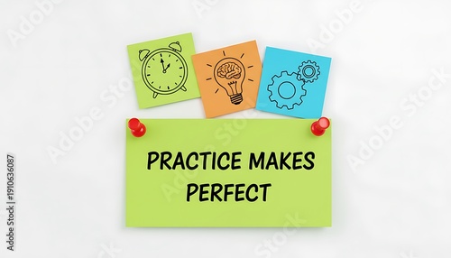 Sticky notes set with practice makes perfect motivation text, clock lightbulb and gear icons, colorful office memo paper pinned with red pushpins on white background
