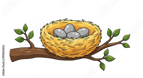Cute Cartoon Bird Nest with Eggs on Tree Branch Vector Illustration