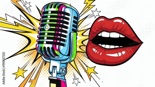 Vibrant Microphone Illustration with Lips and Stars.