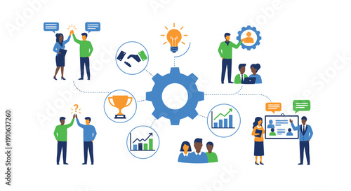 Team collaboration and innovation concept with central gear and connected people