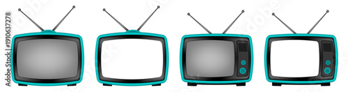 Teal retro TV with antenna. Vintage television set. Old device. Transparent mockup of a screen