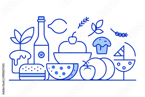 Food and drink line illustration with various healthy and unhealthy options