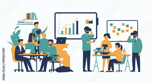 Teamwork in Modern Office Collaboration with Charts and Post-it Notes