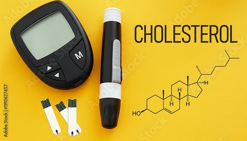 Cholesterol test concept with blood glucose meter, lancet pen and test strips on yellow background, medical screening and cardiology health risk awareness