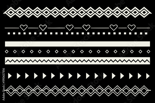 Collection of white geometric and heart patterns on black background
