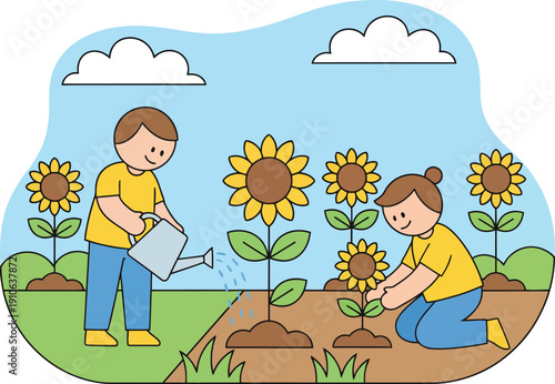 A man watering sunflowers with a watering can and a woman kneeling to tend to a smaller sunflower in a sunny garden under a blue sky with clouds.
