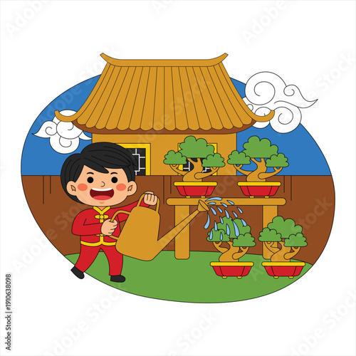 Chinese Boy Watering Bonsai Trees in a Traditional Setting