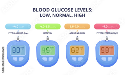 Blood glucose levels chart infographic with hypoglycemia normal above normal and hyperglycemia ranges mmol medical diabetes meter vector illustration set