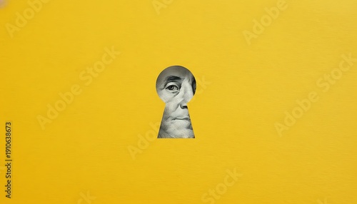 Keyhole surreal concept with hidden face inside, security and privacy metaphor on yellow background, secret access and curiosity idea with copy space featuring key hole, lock, lockhole with keyway