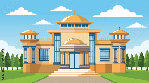 Large yellow building with blue windows and doors and a green lawn  cartoon style