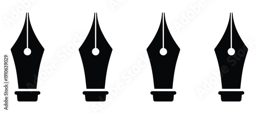 Set with Old Fountain Pen Nibs Vector Icons, vector icon collection featuring retro pen tips, classic fountain nibs, calligraphy tools, writing instruments, vintage stationery, artistic illustration 