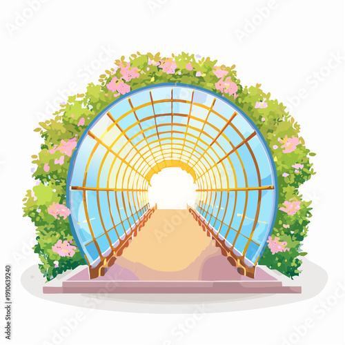 A serene arched greenhouse with lush greenery and flowers.