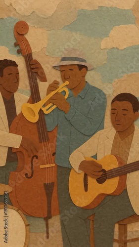 A paper-cut style video still of a jazz trio playing instruments. The camera angle is straight-on, capturing the vibrant, textured scene. Live mobile wallpaper.