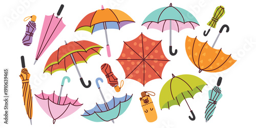 Big bundle of fifteen colorful umbrella elements including open and folded styles. Perfect for autumn or spring weather themed designs, stickers, and creative projects.