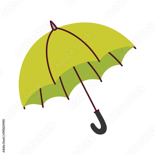 Classic green umbrella opens wide to create a protective canopy against wet weather. Fresh and bold accessory for walking in the park or city streets during heavy spring rain.