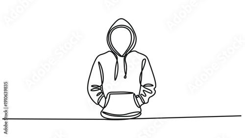 Continuous One Line Drawing of Person Wearing Hoodie with Hands in Pocket in Minimal Black and White Outline Style with Smooth Single Stroke Detail and Clean Simple