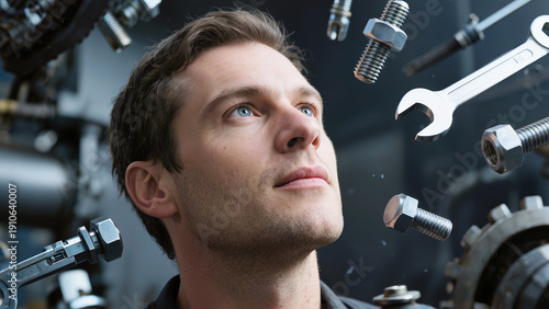 Young man looking upward as bolts nuts and wrench float around industrial workspace.
