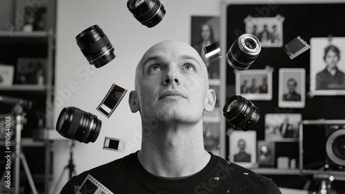 Bald man looking upward as camera lenses and film strips float around studio space.
