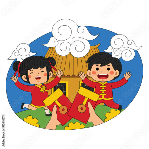 Happy Children Receiving Red Envelopes for Chinese New Year