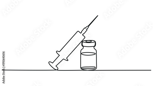 Continuous One Line Drawing of Syringe and Vaccine Vial in Minimal Black and White Outline Style with Smooth Single Stroke Detail and Clean Simple Background for Modern Healthcare