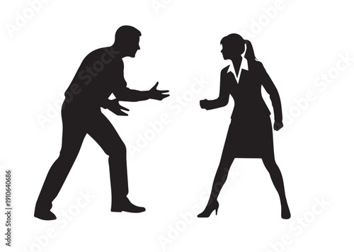 Dynamic silhouette illustration of a man and woman engaged in an intense argument or dispute