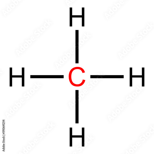 A two-dimensional structural formula diagram of a methane molecule, showing a central carbon atom bonded to four hydrogen atoms.