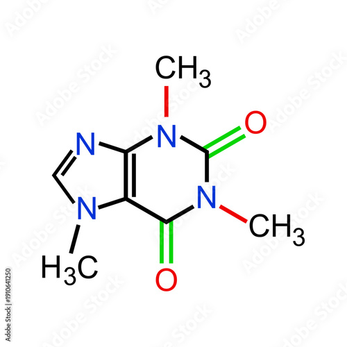 Chemical structure of caffeine molecule, showing its purine ring system with methyl groups and carbonyl oxygens.
