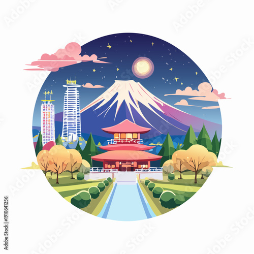 Serene Japanese landscape with pagoda and Mount Fuji at night.